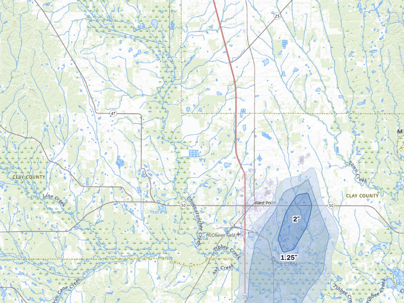 NEXRAD radar-signature map of the hail storm over West Point, MS on Sep 6, 2026