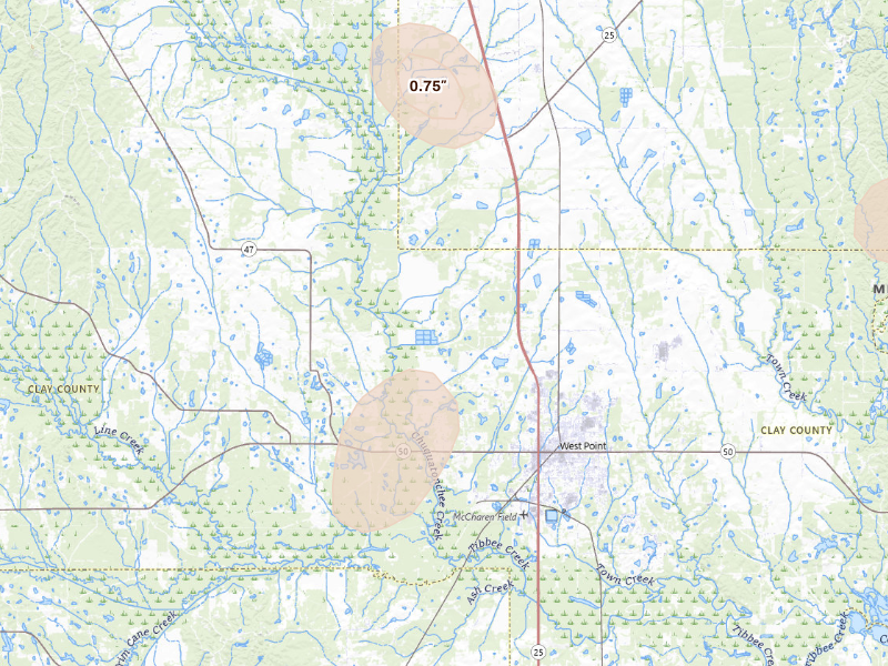 Radar-estimated hail-size map of the storm over West Point, MS