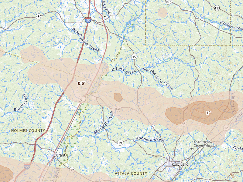 Radar-estimated hail-size map of the storm over West, MS on Apr 28, 2026