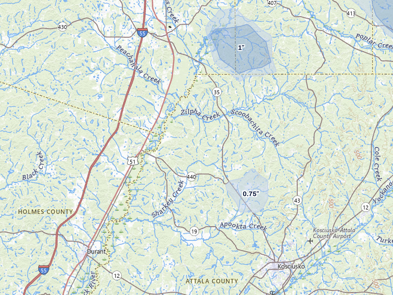 NEXRAD radar-signature map of the hail storm over West, MS on Jul 2, 2026