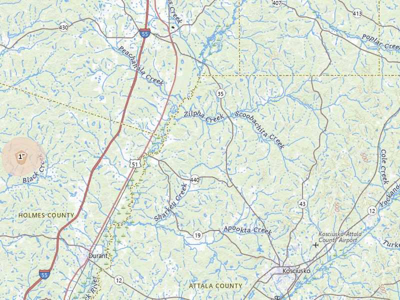 Radar-estimated hail-size map of the storm over West, MS on Jul 4, 2026