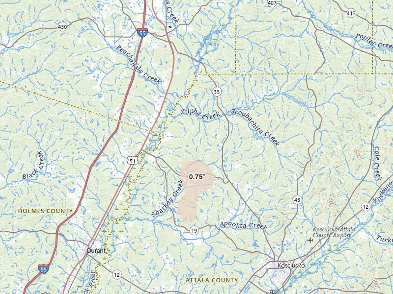Radar-estimated hail-size map of the storm over West, MS on Jul 12, 2026