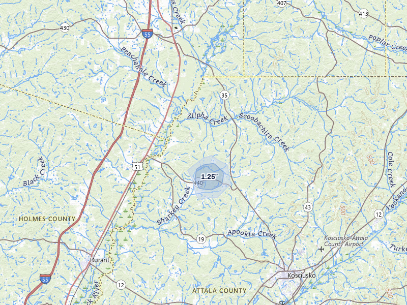 NEXRAD radar-signature map of the hail storm over West, MS on Jul 12, 2026