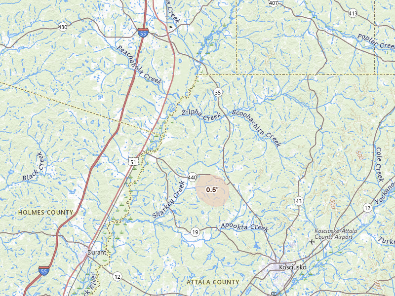 Radar-estimated hail-size map of the storm over West, MS on Jul 20, 2026