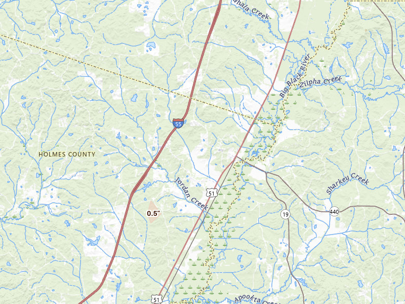 Radar-estimated hail-size map of the storm over West, MS on Aug 7, 2026