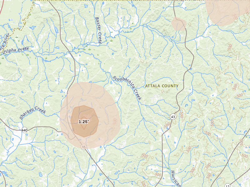 Radar-estimated hail-size map of the storm over West, MS on Aug 19, 2026
