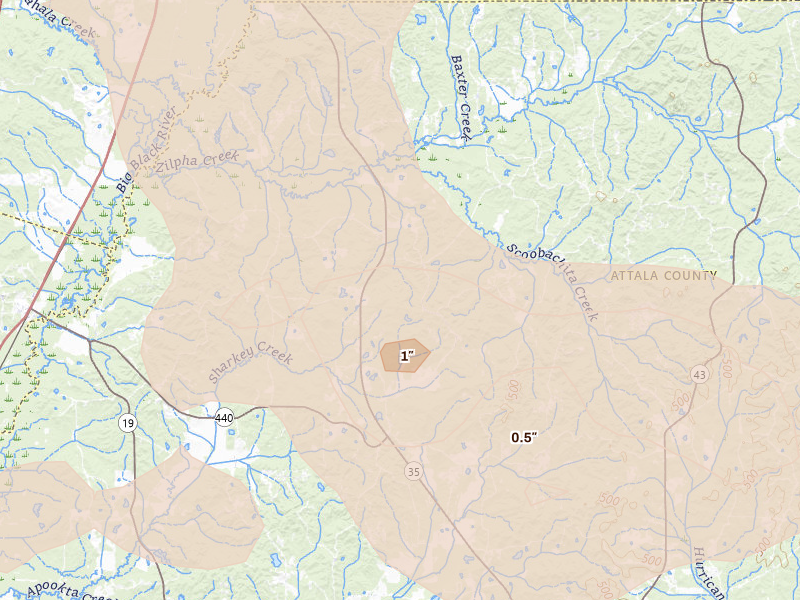 Radar-estimated hail-size map of the storm over West, MS on Aug 20, 2026