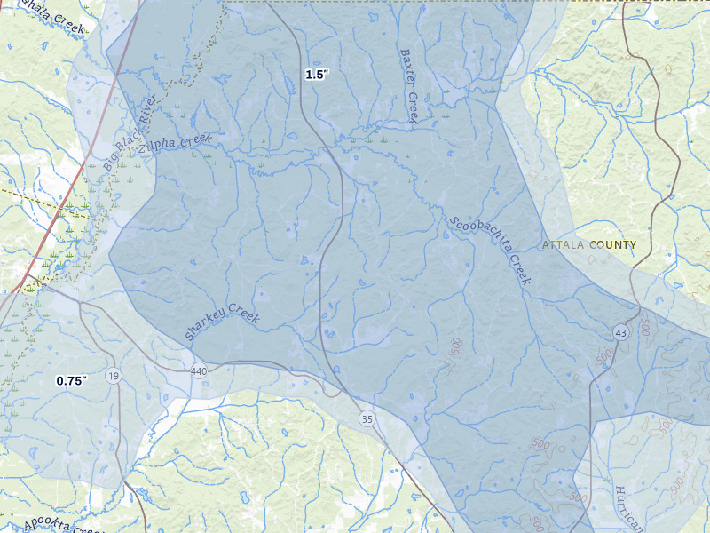 NEXRAD radar-signature map of the hail storm over West, MS on Aug 20, 2026