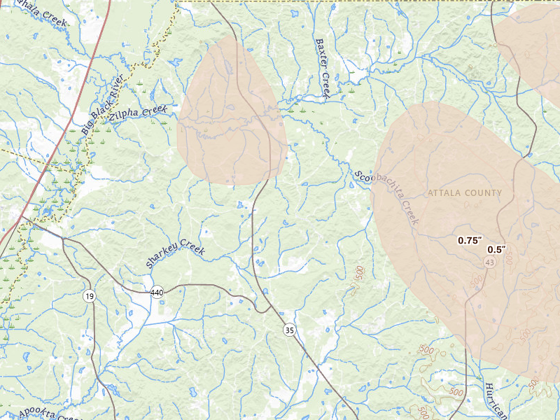 Radar-estimated hail-size map of the storm over West, MS on Aug 26, 2026