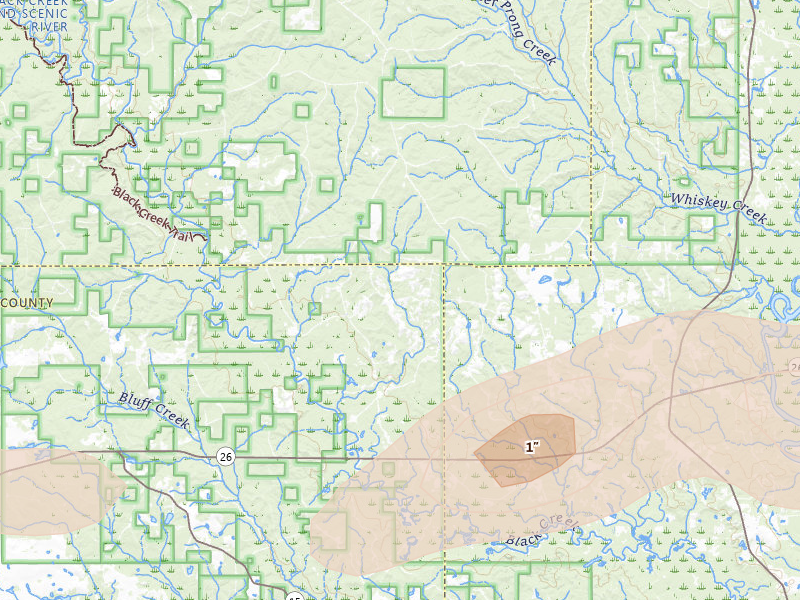 Radar-estimated hail-size map of the storm over Wiggins, MS on May 8, 2026