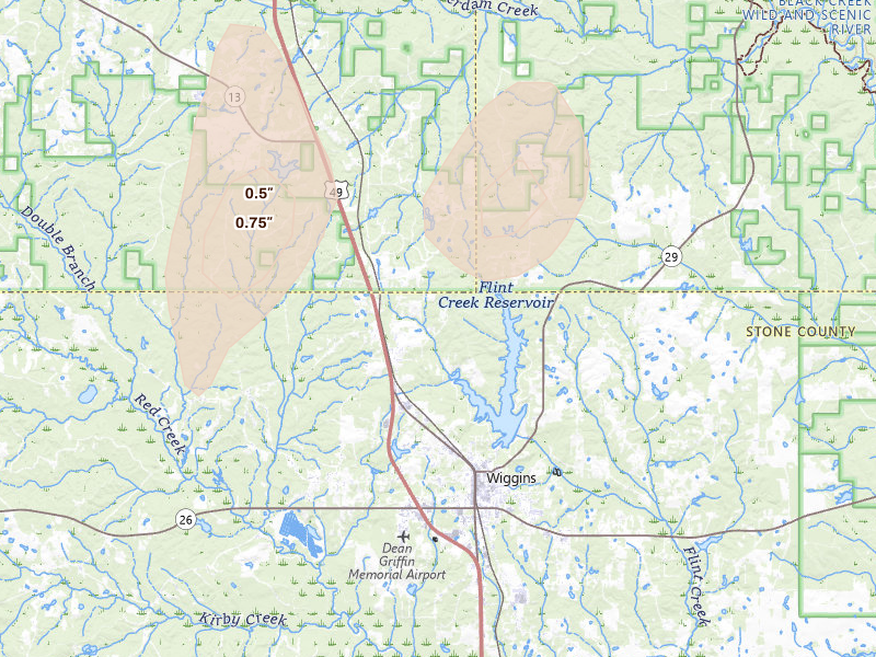 Radar-estimated hail-size map of the storm over Wiggins, MS on Aug 16, 2026