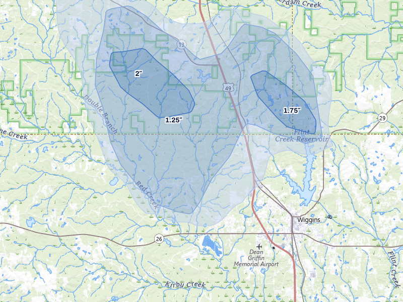 NEXRAD radar-signature map of the hail storm over Wiggins, MS on Aug 16, 2026