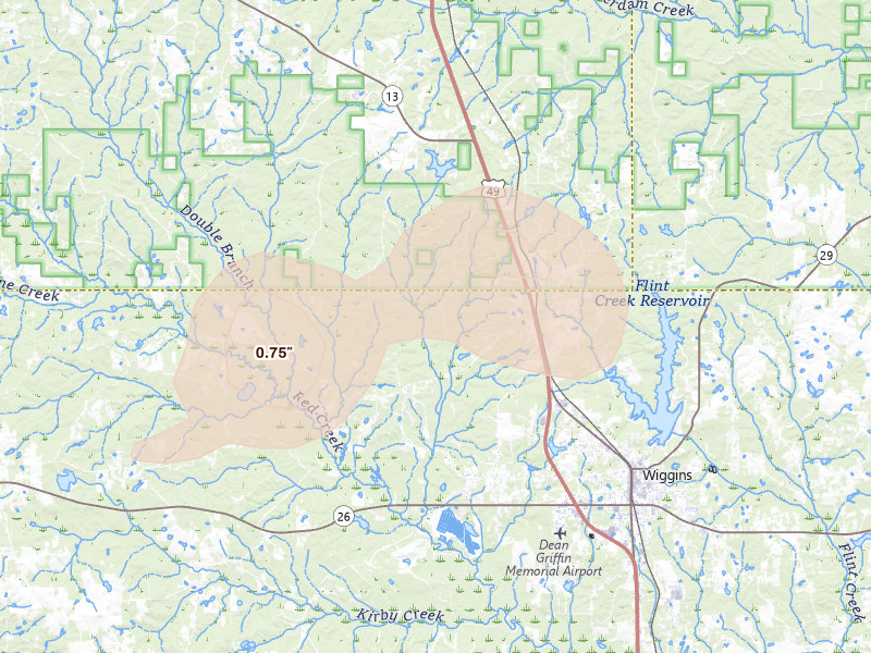 Radar-estimated hail-size map of the storm over Wiggins, MS on Aug 20, 2026