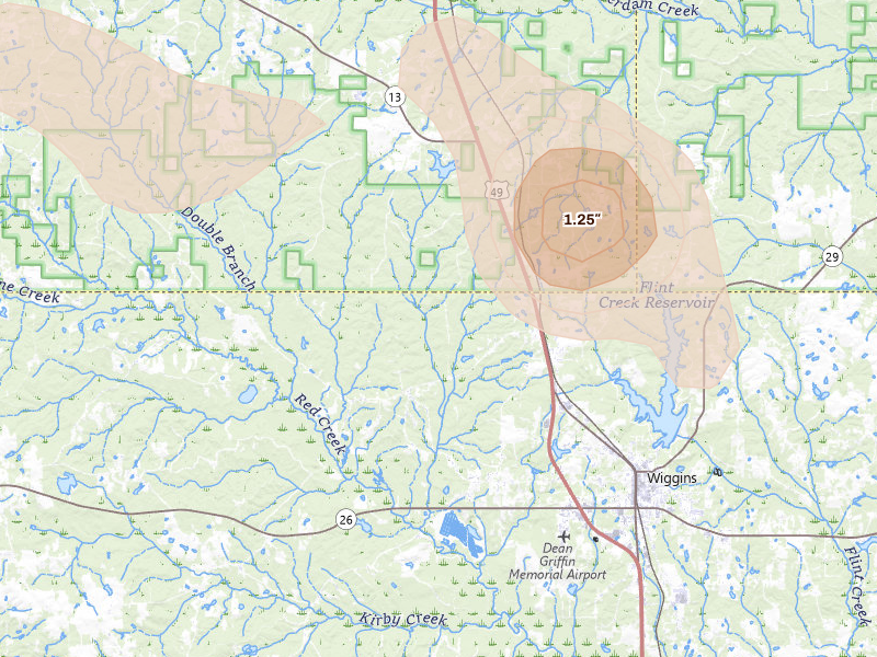 Radar-estimated hail-size map of the storm over Wiggins, MS on Aug 21, 2026