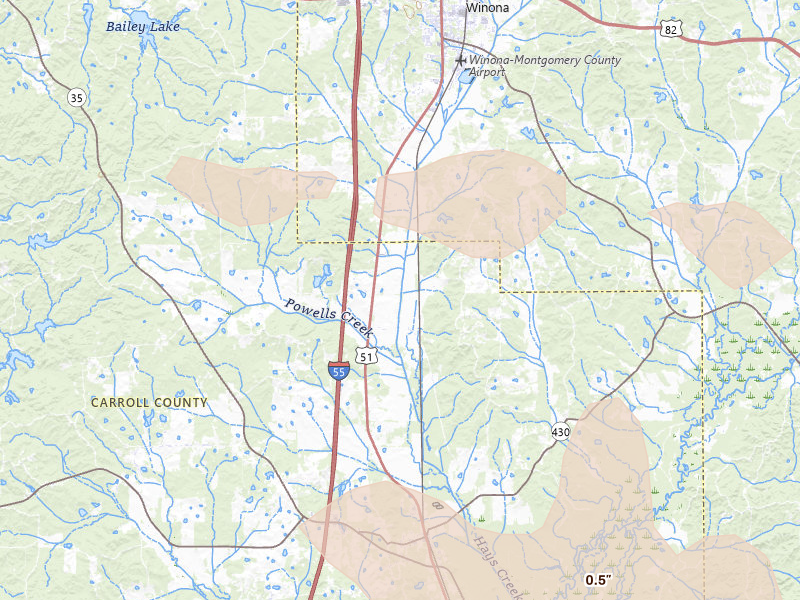 Radar-estimated hail-size map of the storm over Winona, MS on May 10, 2026