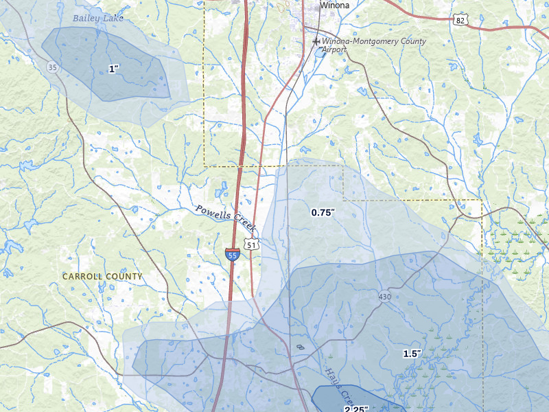 NEXRAD radar-signature map of the hail storm over Winona, MS on May 10, 2026