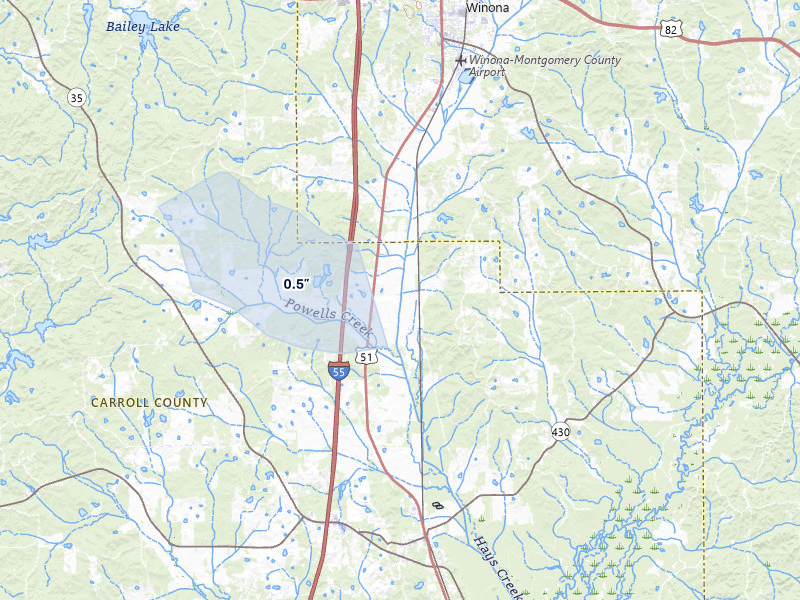 NEXRAD radar-signature map of the hail storm over Winona, MS on Jul 13, 2026