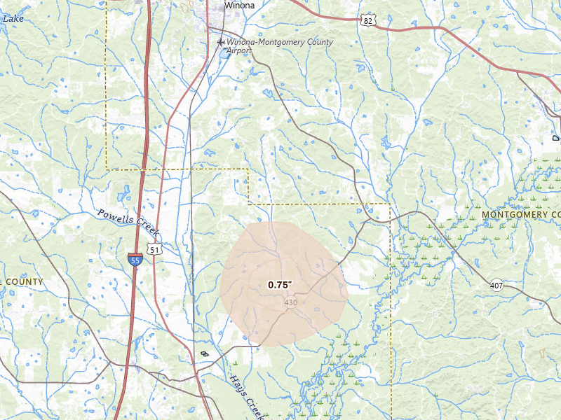 Radar-estimated hail-size map of the storm over Winona, MS on Aug 10, 2026