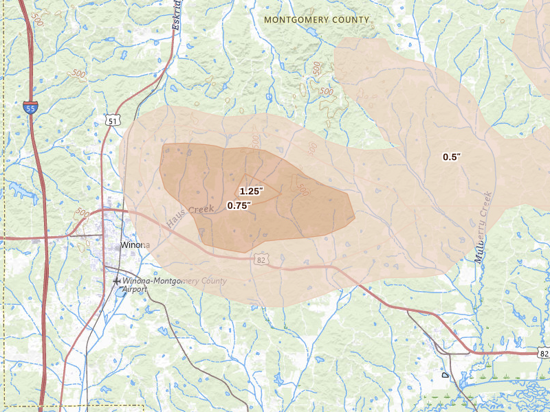 Radar-estimated hail-size map of the storm over Winona, MS on Aug 20, 2026