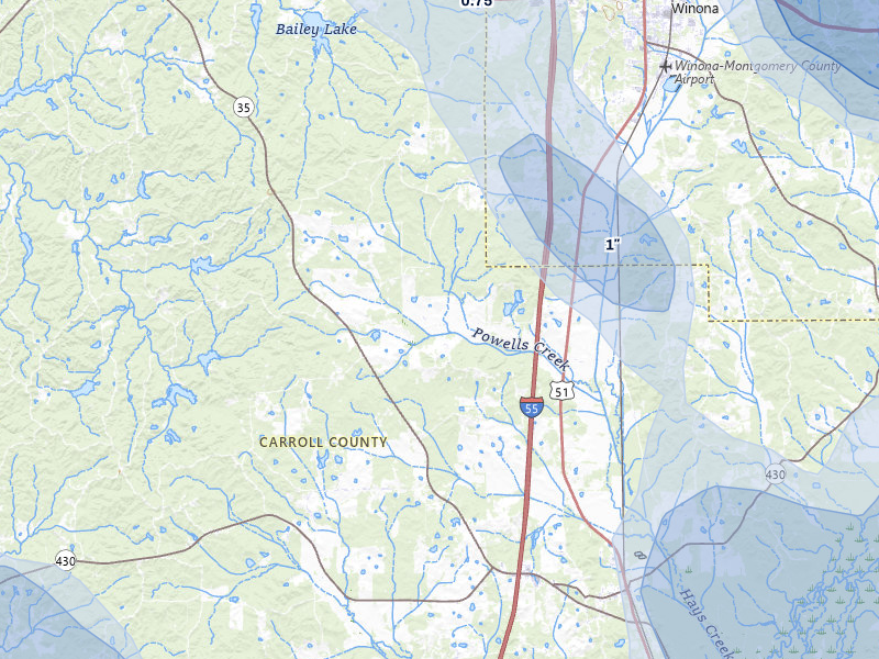 NEXRAD radar-signature map of the hail storm over Winona, MS on Aug 20, 2026