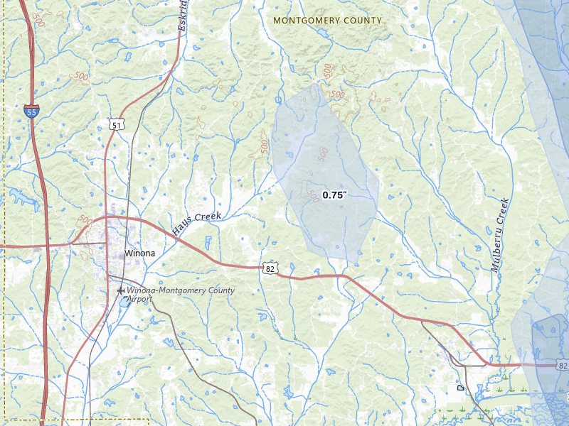 NEXRAD radar-signature map of the hail storm over Winona, MS on Aug 26, 2026