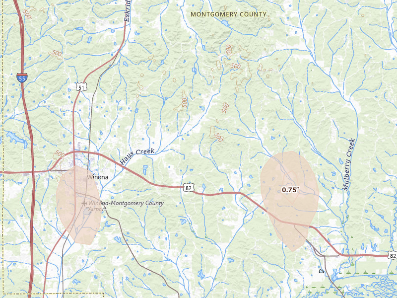 Radar-estimated hail-size map of the storm over Winona, MS