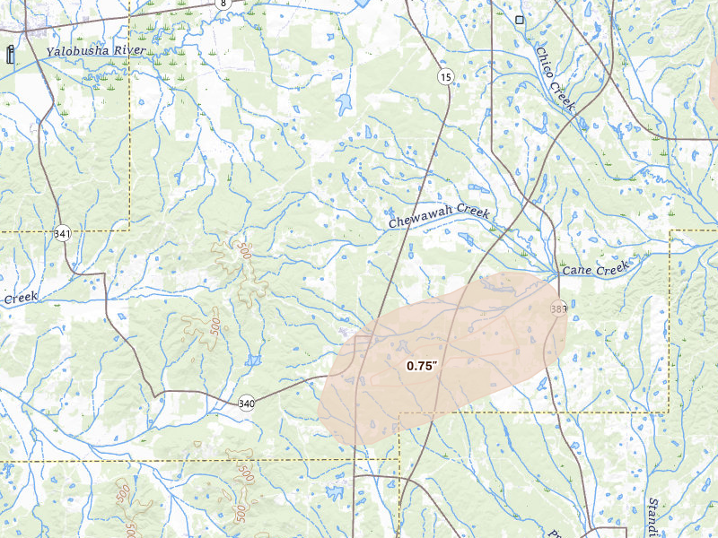 Radar-estimated hail-size map of the storm over Woodland, MS on Jul 1, 2026