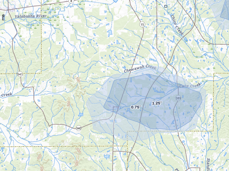 NEXRAD radar-signature map of the hail storm over Woodland, MS on Jul 1, 2026