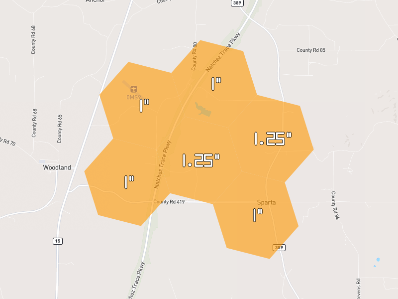 Hail map of Woodland, MS on Jul 1, 2026, hail up to 1.25"