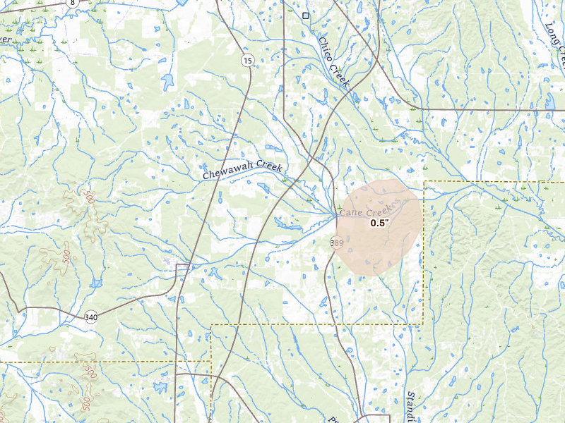 Radar-estimated hail-size map of the storm over Woodland, MS on Aug 10, 2026