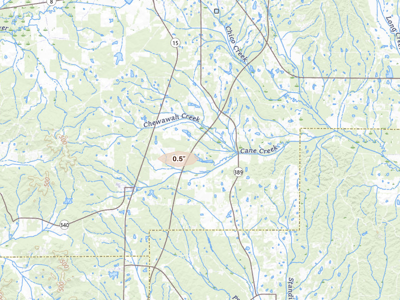 Radar-estimated hail-size map of the storm over Woodland, MS on Aug 17, 2026