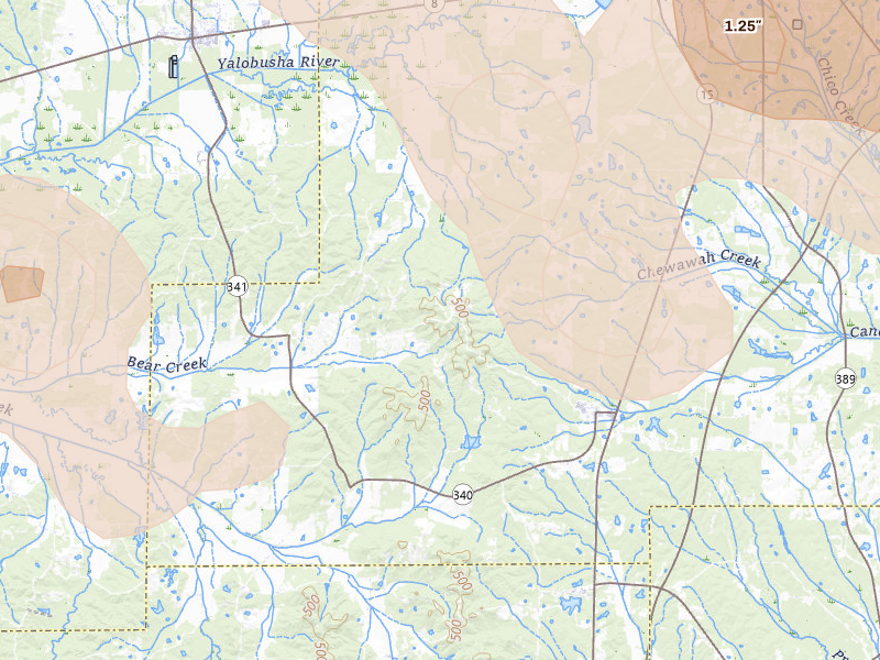 Radar-estimated hail-size map of the storm over Woodland, MS on Aug 20, 2026