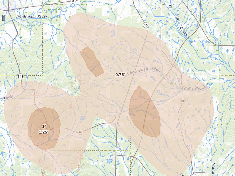 Radar-estimated hail-size map of the storm over Woodland, MS on Aug 26, 2026