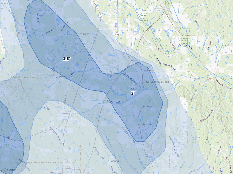 NEXRAD radar-signature map of the hail storm over Woodland, MS on Aug 26, 2026