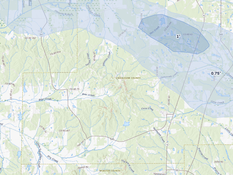 NEXRAD radar-signature map of the hail storm over Woodland, MS on Sep 12, 2026