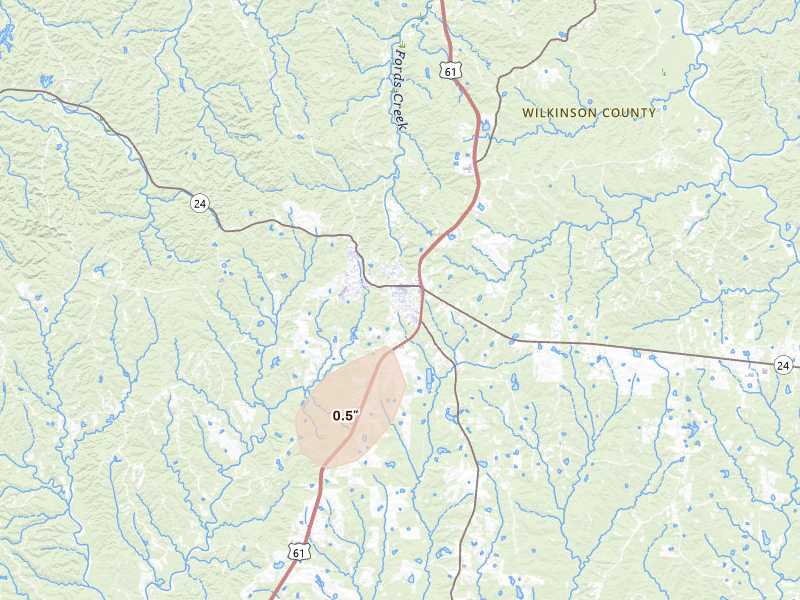 Radar-estimated hail-size map of the storm over Woodville, MS on Mar 7, 2026