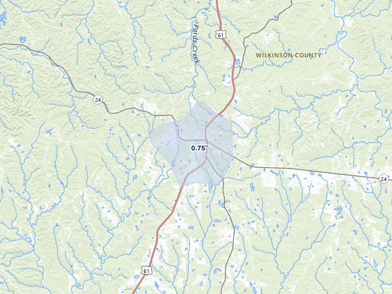 NEXRAD radar-signature map of the hail storm over Woodville, MS on Mar 7, 2026