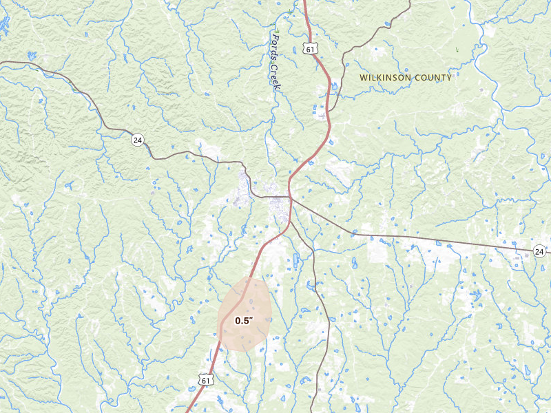 Radar-estimated hail-size map of the storm over Woodville, MS on Jun 2, 2026