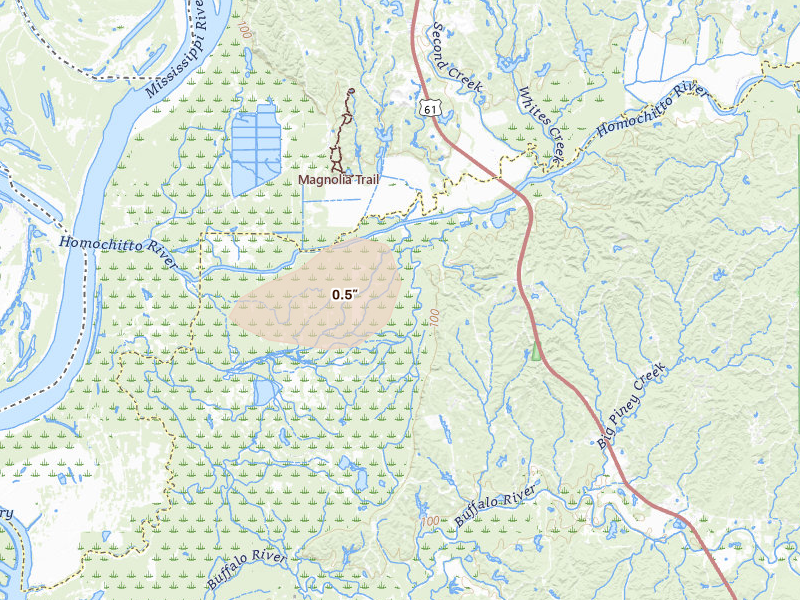 Radar-estimated hail-size map of the storm over Woodville, MS on Jul 1, 2026