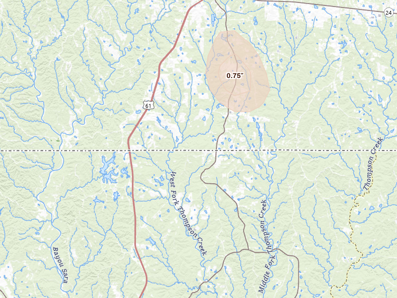 Radar-estimated hail-size map of the storm over Woodville, MS on Aug 5, 2026