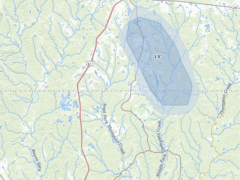 NEXRAD radar-signature map of the hail storm over Woodville, MS on Aug 5, 2026