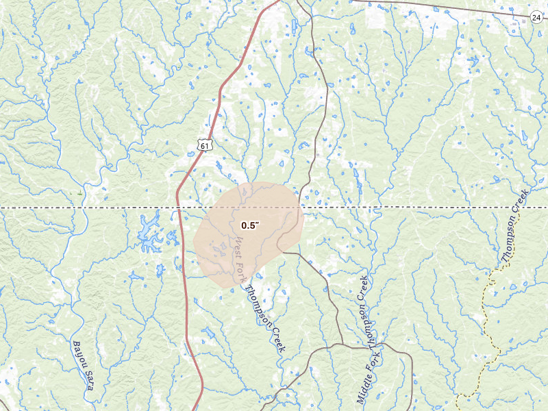 Radar-estimated hail-size map of the storm over Woodville, MS on Aug 8, 2026
