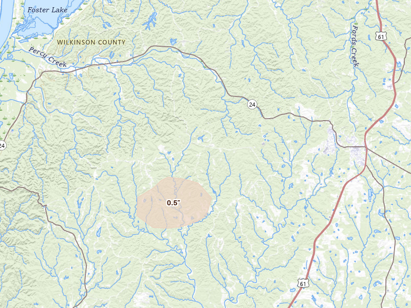 Radar-estimated hail-size map of the storm over Woodville, MS on Sep 3, 2026