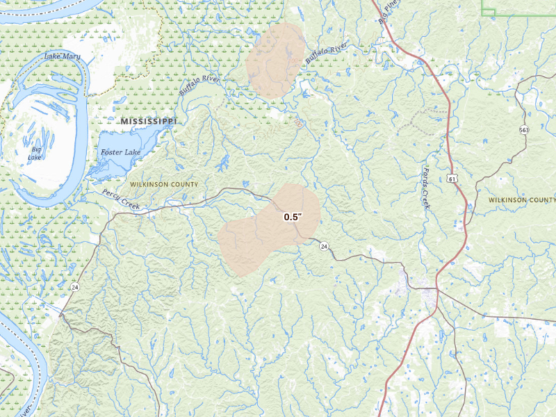 Radar-estimated hail-size map of the storm over Woodville, MS