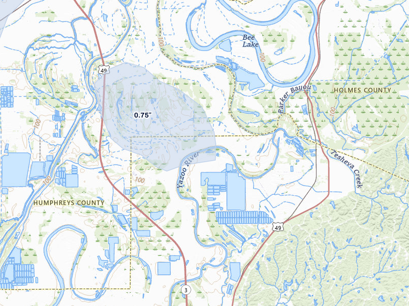 NEXRAD radar-signature map of the hail over Yazoo City, MS