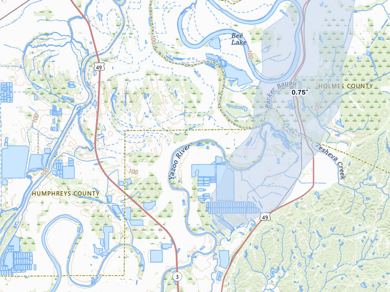 NEXRAD radar-signature map of the hail over Yazoo City, MS
