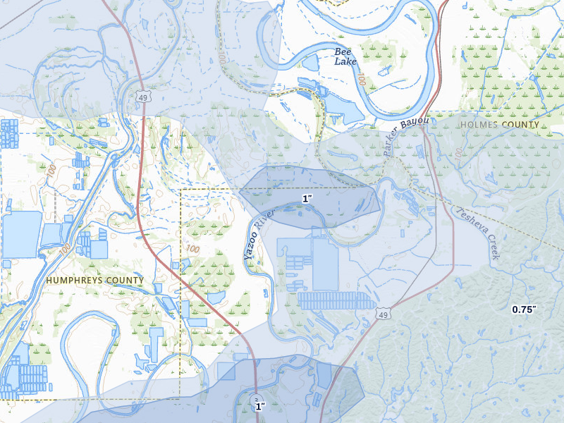 NEXRAD radar-signature map of the hail over Yazoo City, MS