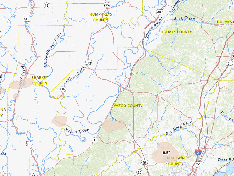 Radar-estimated hail-size map of the storm over Yazoo City, MS on Apr 25, 2026