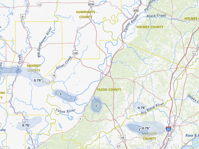 NEXRAD radar-signature map of the hail over Yazoo City, MS