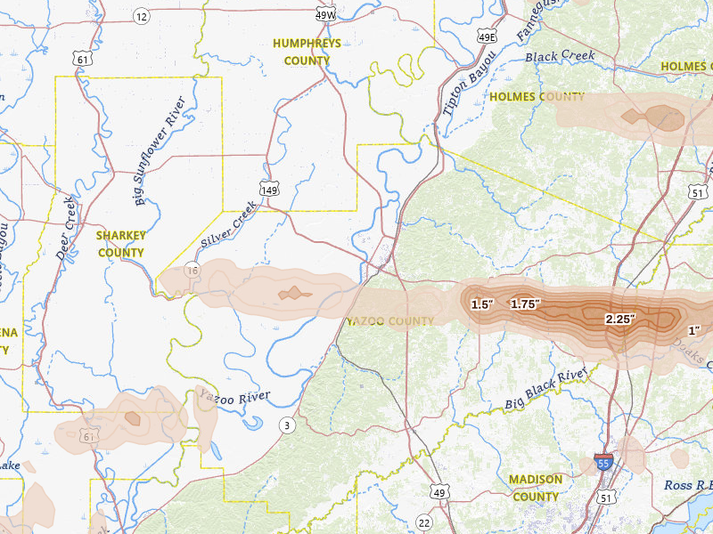 Radar-estimated hail-size map of the storm over Yazoo City, MS on Apr 28, 2026